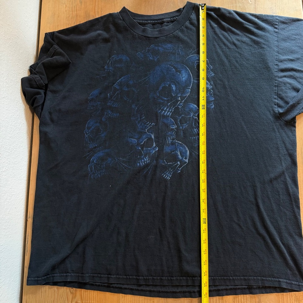 Vintage Y2K Blue Skull Shirt Mens 2XL Boxy Black Short Sleeve Gothic Grunge Tee - Picture 7 of 7